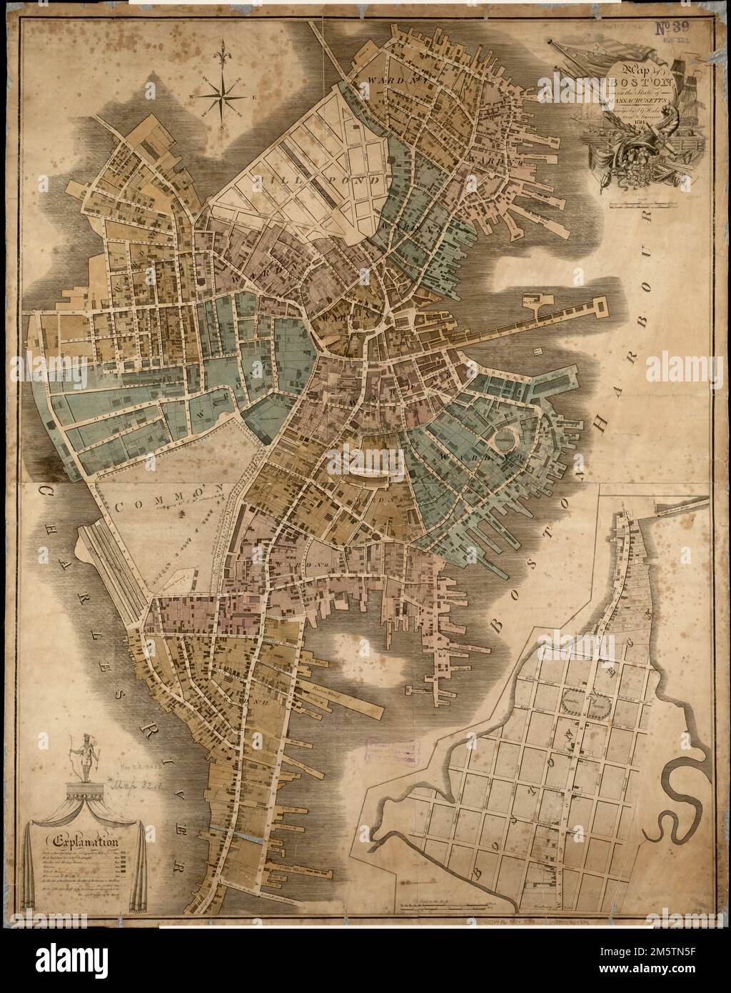 Mappa di Boston nello stato del Massachusetts. Mostra i reparti e gli edifici ombreggiati per differenziare i tipi e i materiali da costruzione. Inserto: Boston Neck. Scala ca. 1:1:3.000.... , Massachusetts , Suffolk , contea , Boston Foto Stock