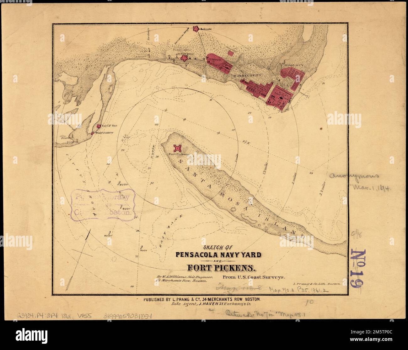 Schizzo di Pensacola Navy Yard e Fort Pickens dalle indagini costiere degli Stati Uniti. Indica fortificazioni, cerchi di distanza di mezzo miglio centrati su Fort Pickens, beacon, strade e strade, vegetazione, e alcuni scandali. Rilievo mostrato da hachures. Profondità mostrate da scandagli e isolini.... , Florida , Santa Rosa , contea , isola di Santa Rosa , isola , Fort Pickens , sito storico Florida , Escambia , contea , Pensacola Pensacola, Naval Air Station Foto Stock