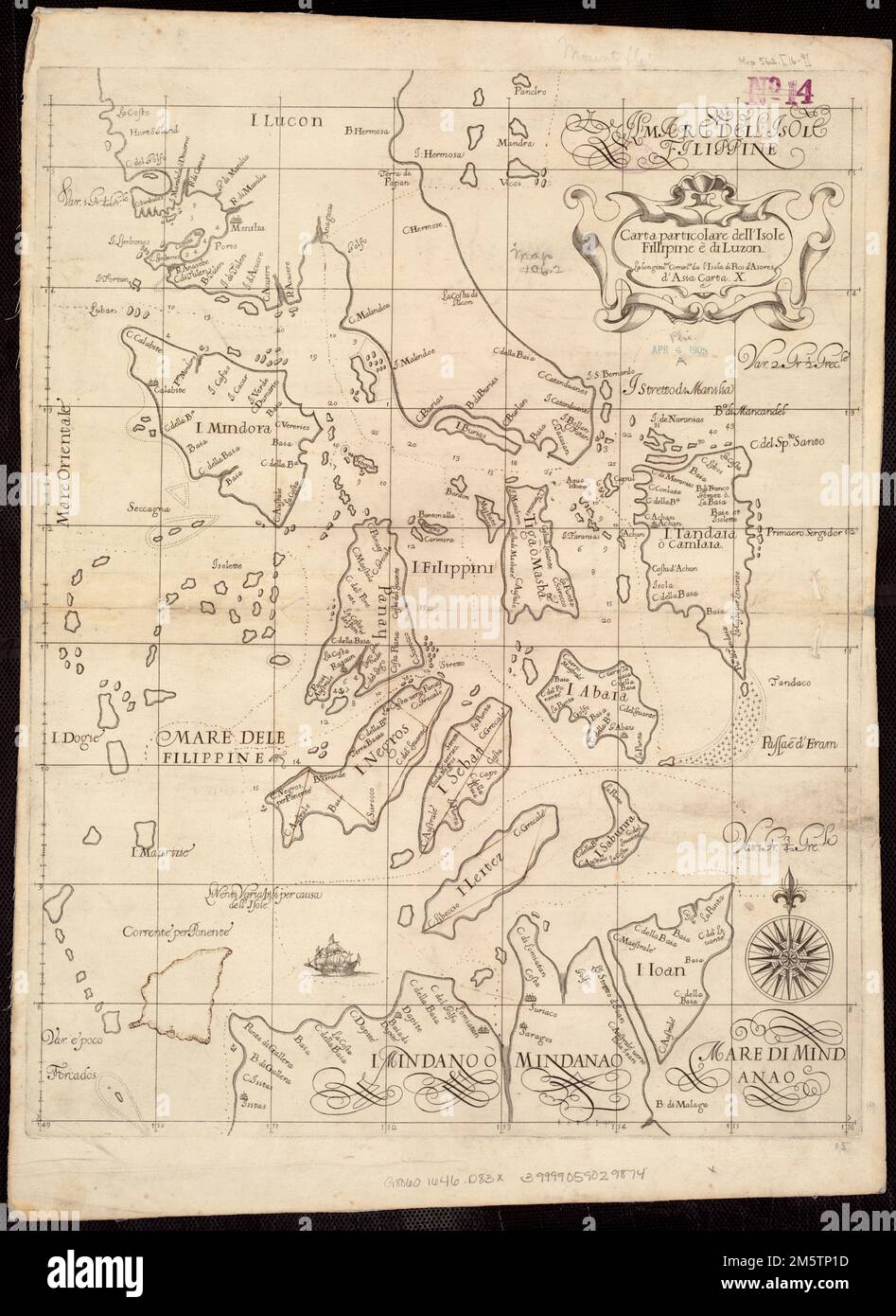 Carta particolare dell'Isole Fillipine è di Luzon : la longitune. cominca. De l'Isola di Pico d'Asores : d'Asia carta X. profondità indicate dai soundings. Appare nell'autore dell'arcano del mare. Firenze: Nella Stamperia di Francesco Onofri, 1646-1647.... , Filippine Foto Stock