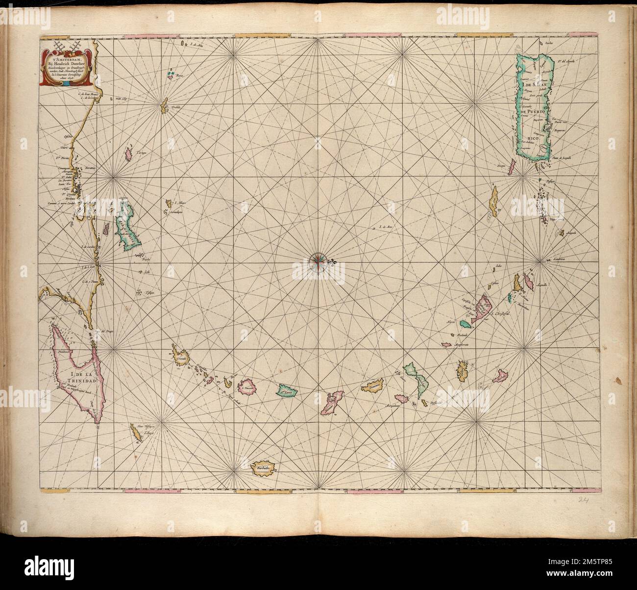 [Alleen de Caribische Eilanden, vervat in 't groot]. Mappa del Mar dei Caraibi, Porto Rico, le piccole Antille, il Venezuela settentrionale e Trinidad e Tobago. Rilievo mostrato da scandali per la costa occidentale di Trinidad e Tobago. Mappa orientata da nord a destra. Titolo della bibliografia in: Atlantes Neerlandici / compilato e curato da Ir. C. Koeman. Amsterdam : Teatro Orbis Terrarum, 1970. 4, pag. 158. Dall'autore De zee-atlas of te Water-waereld. Amsterdam: Di Hendrik Doncker, boeckverkooper, en graat-boog-maker, in de Nieuwe-brug-steegh, in 't Stuurmans Gereetschap, anno 1660 [cioè 166 Foto Stock