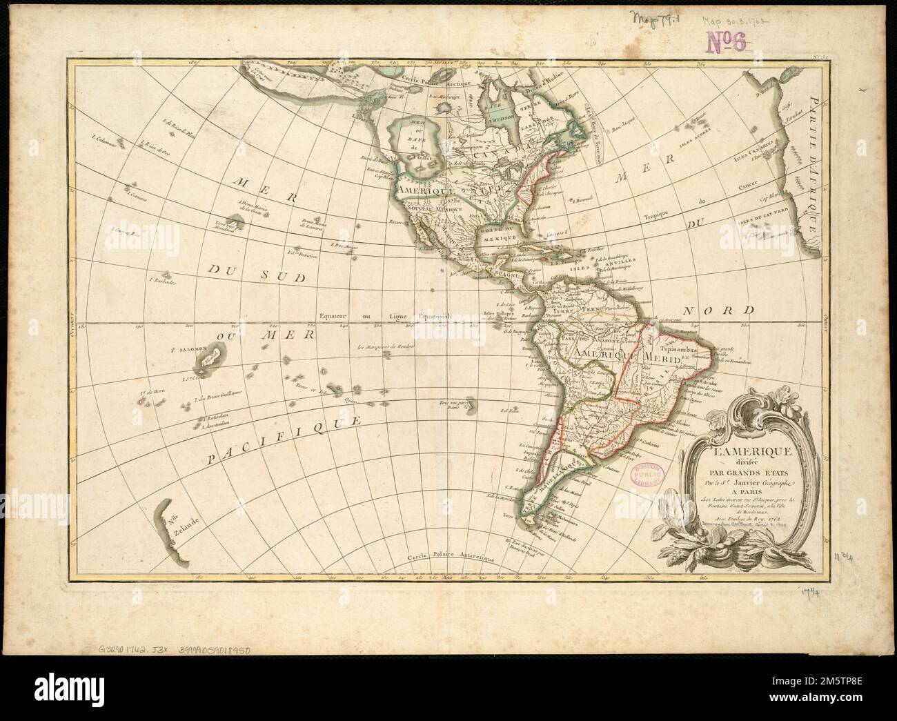 L'Amerique divide par Grand etats. Rilievo mostrato in figura. "N. 31." Contorni colorati a mano.... , America del Nord e Centrale America del Sud Mesoamerica, area America del Nord, area America del Sud Foto Stock