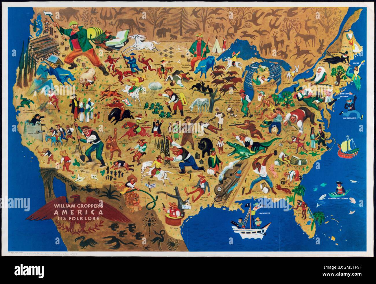 William Grobper's America, il suo folclore. Mappa grafica. Mostra i caratteri e i nomi o i titoli del folclore americano sovrapposti su una mappa degli Stati Uniti. America, il suo folclore. America, il suo folclore, Stati Uniti Foto Stock
