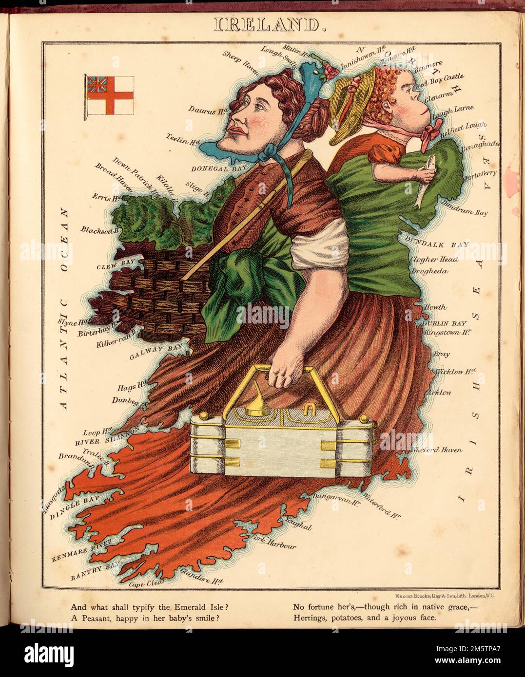 Irlanda. Mappa pittorica che raffigura l'Irlanda come un contadino. Rima sul paese in margine più basso. Include l'illustrazione di un flag. A Lancaster e Harvey's Geographical Fun. Londra : Hodder e Stoughton, [1868 o 1869].... , Irlanda Foto Stock