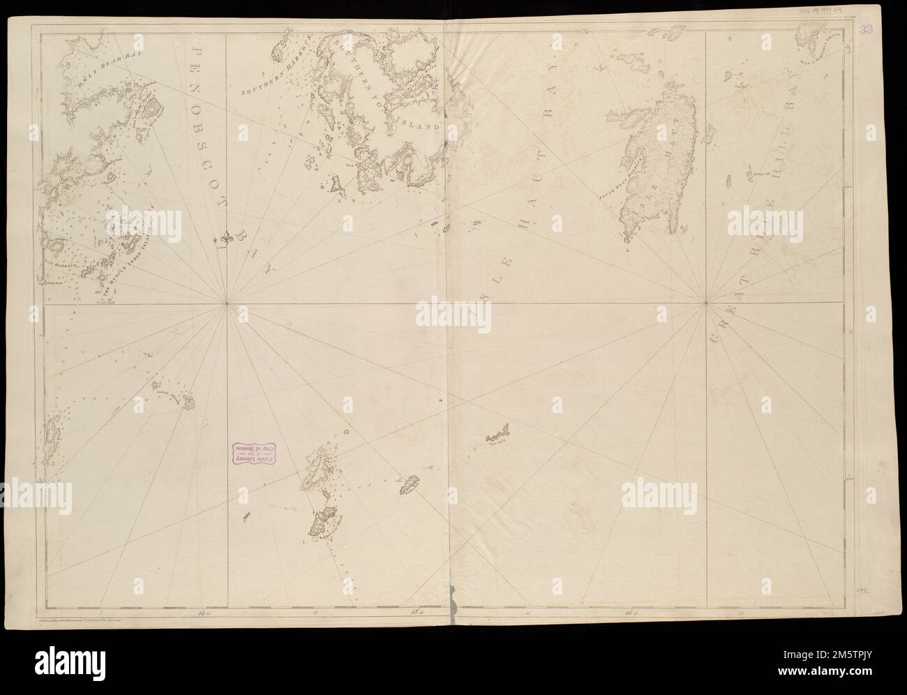 Costa del Maine con ingressi a Blue Hill Bay, Isle of Haut Bay e Penobscot Bay, con Owls Head, Vinalhaven Island, Isle au Haut, e altre isole. Rilievo mostrato da hachures. Profondità indicate dalle sonature. Appare nell'autore di Atlantic Nettuno. Londra : J.F.W. Des Barres, 1777-[1781].... , Maine Foto Stock