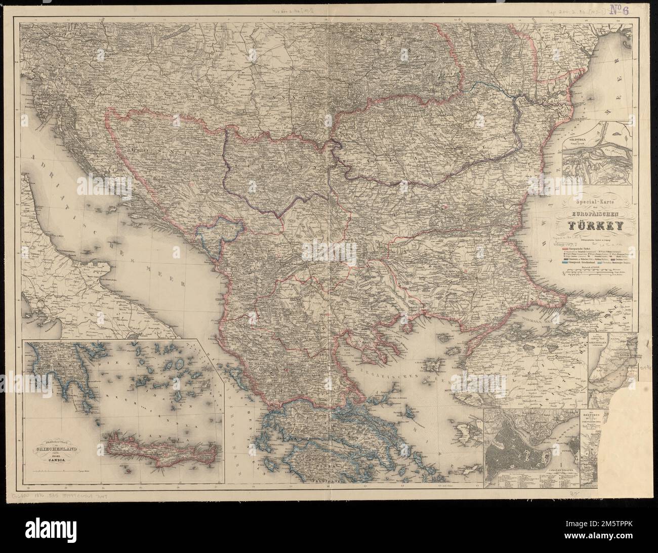 Special-karte der Europäischen Türkey. Rilievo mostrato da hachures. Primo meridiano: Ferro. Insets: Südlicher Theil von Griechenland und die insel Candia -- Silistria und Umgegend -- Der befestigte Südliche Theil der Dardanellen Strasse -- Der Bosporus oder die Meerenge von Constantinopel -- Constantinopel. Mappa del lato europeo di Turchia e Creta, così come Grecia e Macedonia, Albania, Bulgaria, Bosnia-Erzegovina e Serbia... , Albania Penisola balcanica, area Bosnia-Erzegovina Bulgaria Grecia, Creta, regione Serbia Turchia Foto Stock