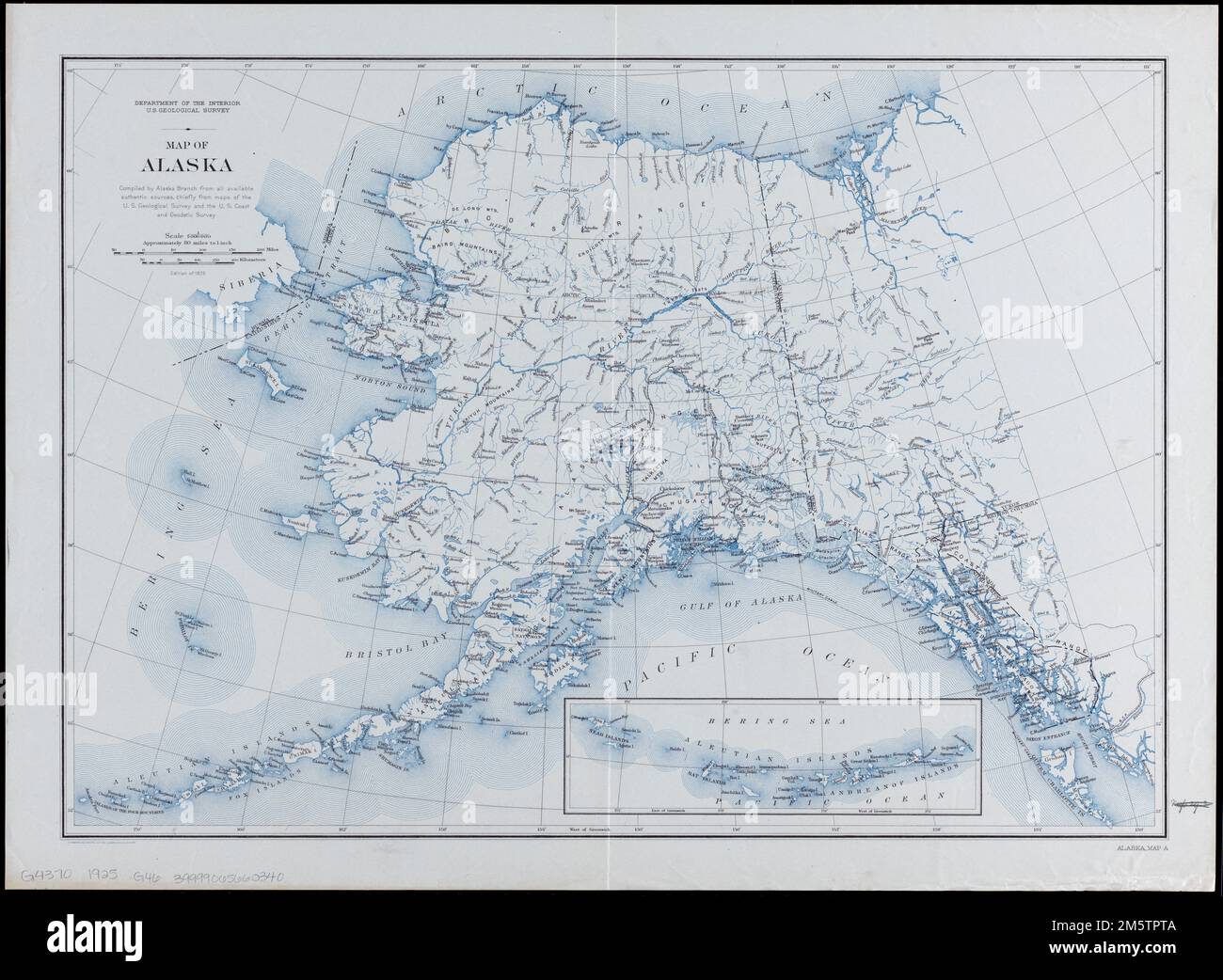 Mappa dell'Alaska. Rilievo mostrato dalle altezze dei punti. Inset: [Aleutian and Andreanof Islands]. Nel margine inferiore destro: Mappa Alaska A... , Alaska Foto Stock