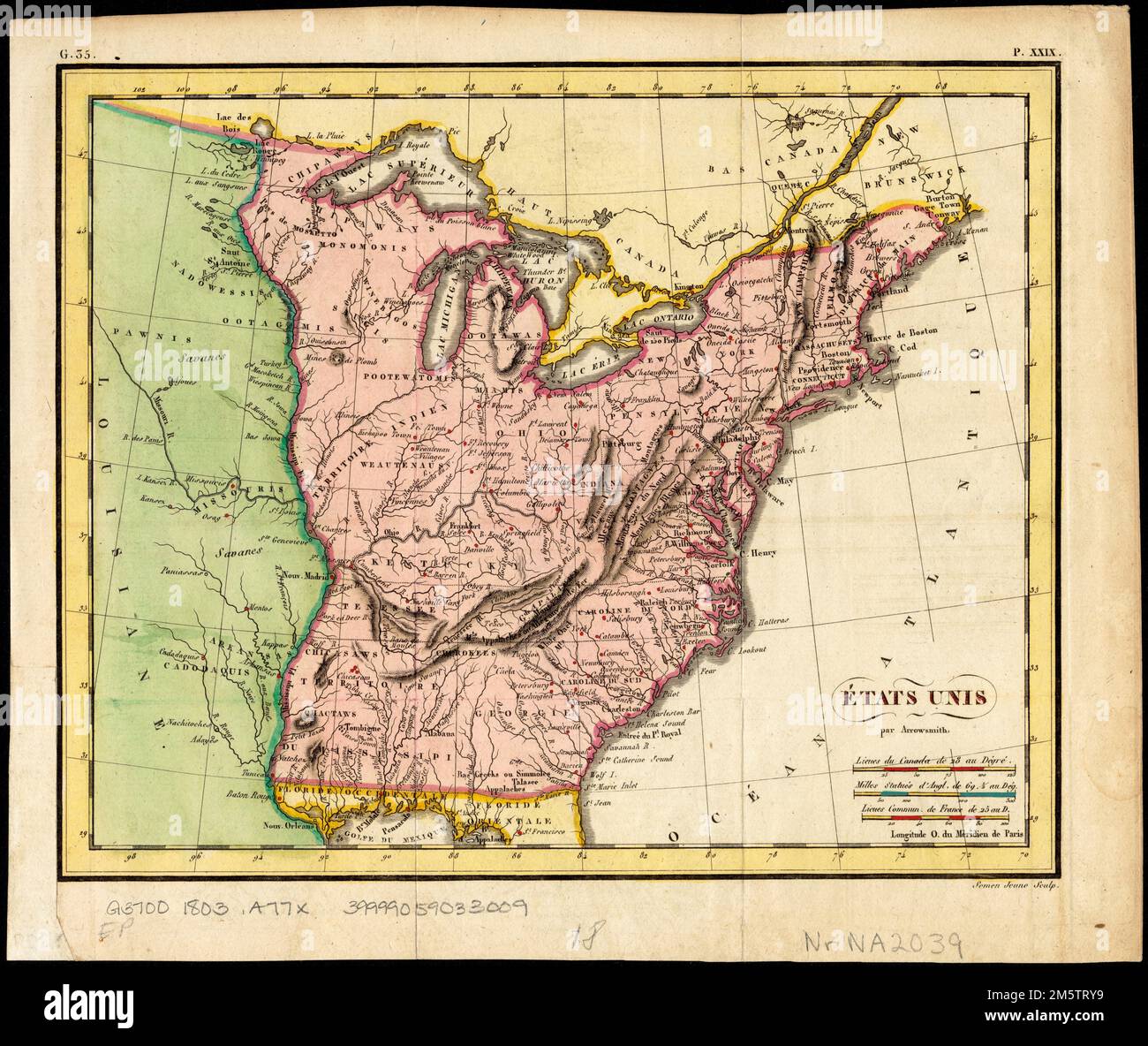 Eisne. Rilievo mostrato da hachures. Nel margine superiore: 'G.35' e 'P. XXIX.' Mappa degli Stati Uniti che mostra la terra ad ovest del fiume Mississippi ancora come la Louisiana. Ohio è chiamato come stato. Molte tribù indiane e villaggi sono chiamati. Una miniera di piombo si trova nell'attuale Illinois nord-occidentale. La Florida è divisa nei possedimenti spagnoli della Florida orientale e occidentale, la Georgia si estende al Mississippi.... , Stati Uniti Foto Stock