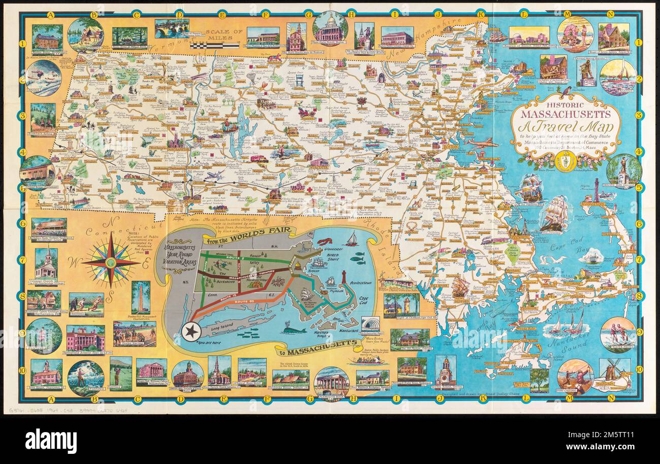 Massachusetts storico : una mappa di viaggio per aiutarvi a sentirvi a casa nella Bay state. Mappa grafica. Indicizzato. Include note, indice grafico dei punti di interesse, illustrazioni a colori e inset: "Massachusetts aree di vacanza tutto l'anno, dalla fiera mondiale al Massachusetts". Tabella delle miglia, tabella dell'area ricreativa, indice dei ponti coperti, calendario degli eventi, testo, Illustrazioni (qualche colore), e mappa del Massachusetts con indice grafico a punti di interesse sul verso. "Massachusetts Pavilion, New England States Exhibition New York World's Fair 1964-65." "4-64-937759.". Un mondo di divertimento e rela Foto Stock