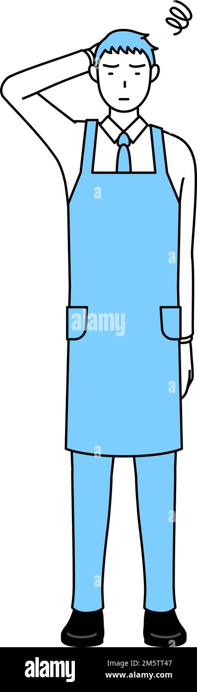 Un uomo in grembiule che gratta la testa in difficoltà. Illustrazione Vettoriale