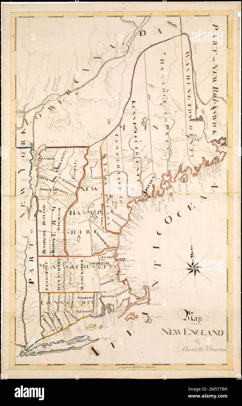 Mappa New England. Mostra gli stati del New England con le loro contee delineate. Norman B. Leventhal Map Center copia regalo di Bank of America. Mappa manoscritta 'choolgirl' disegnata da Charlotte F. Freeman, ca. 1830.. Copiare mappe su carta è stato un compito comune sia per le ragazze che per i ragazzi che frequentavano le accademie nel 19th ° secolo, come gli studenti praticavano contemporaneamente geografia e penitenzialità. Questa mappa del New England descrive in dettaglio città, contee e caratteristiche naturali come fiumi e laghi dal Maine al Connecticut. Mappa del New England. Mappa del New England, New England, area Foto Stock
