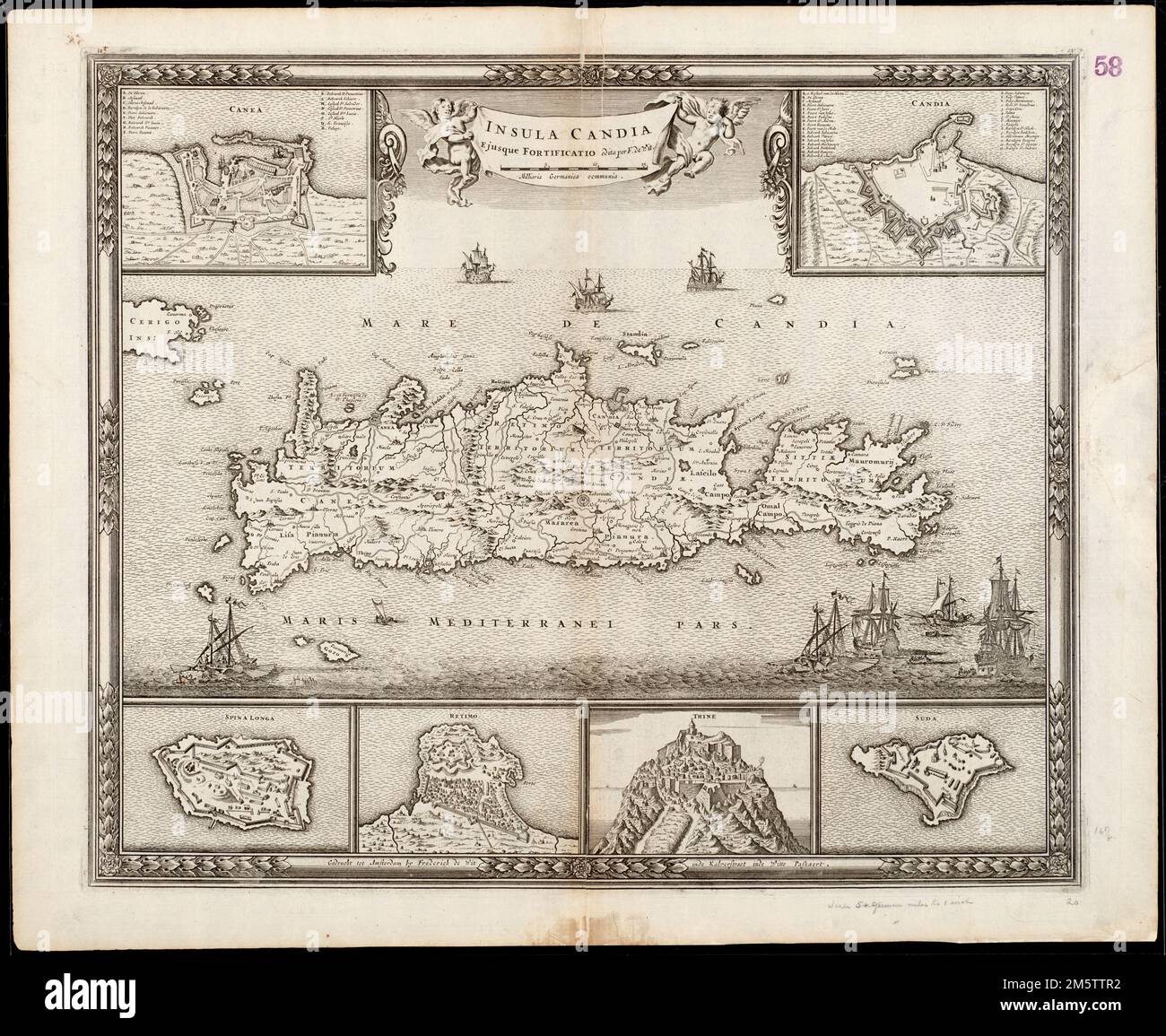 Insula Candia : ejusque fortificatio. Rilievo mostrato in figura. Include gli inset: Canea -- spina Longa -- Retimo -- Tine -- Suda -- Candia. Da: Atlas sive descriptio terrarum orbis ... / Frederik de Wit. Amsterdam : Frederik de Wit, [1680 ca.]. Data di pubblicazione da Zacharakis. Catalogazione, conservazione e digitalizzazione rese possibile in parte dal National Endowment for the Humanities: Exploring the Human Endeavor. Parte del portafoglio composito atlas con il titolo "raccolta di vecchie mappe".. Raccolta di mappe rare. Raccolta di mappe rare, Grecia , Creta , regione Foto Stock
