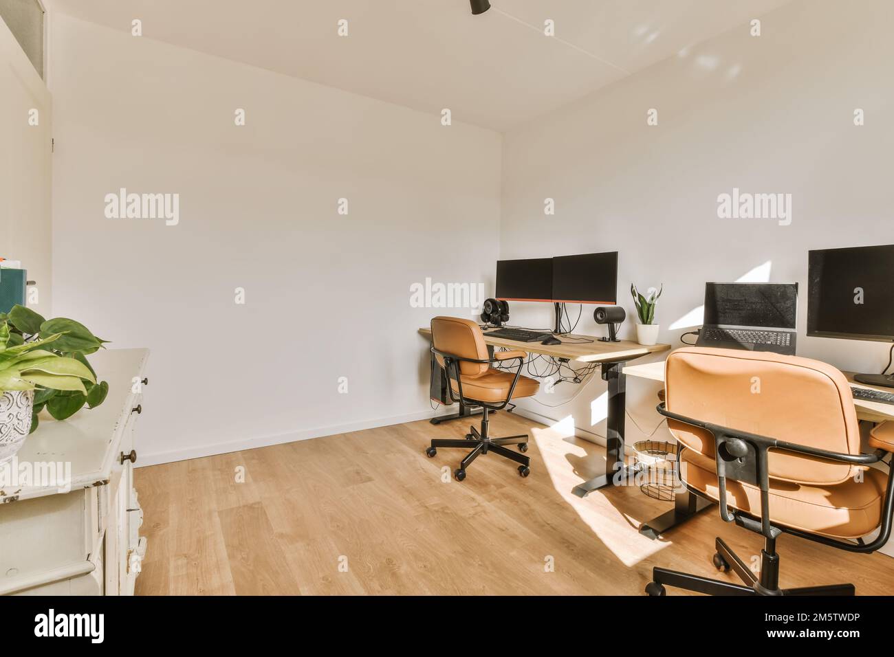 un ufficio con due scrivanie e tre schermi di computer sulla parete, uno ha una pianta verde in esso Foto Stock