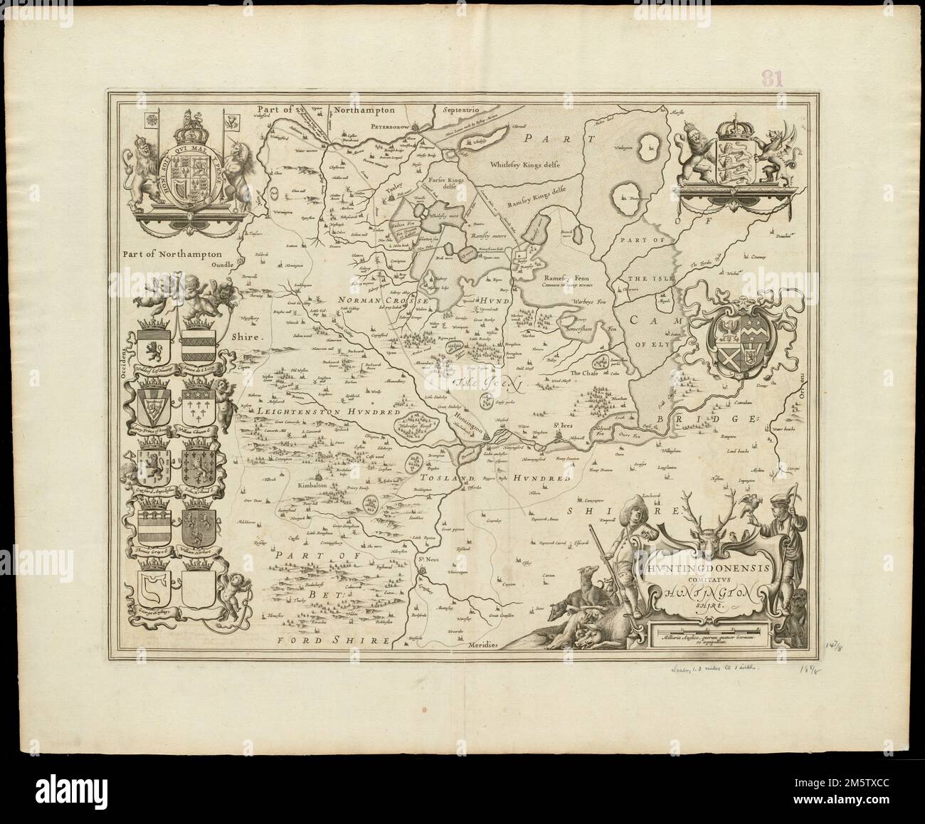 Huntingdonensis comitatus Huntington Shire. Mappa della contea di Huntingdonshire nell'Inghilterra orientale. Rilievo mostrato in figura. Comprende tredici stemmi e cartouche decorativi in piastrelle. Verso è vuoto. Catalogazione, conservazione e digitalizzazione rese possibile in parte dal National Endowment for the Humanities: Exploring the Human Endeavor. Parte del portafoglio composito atlas con il titolo "raccolta di vecchie mappe".. Raccolta di vecchie mappe. Collezione di vecchie mappe, Inghilterra , Huntingdonshire ,ex divisione amministrativa Foto Stock