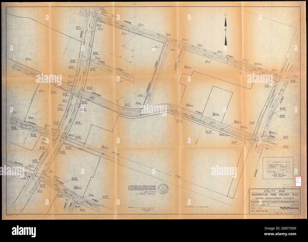 Programma di utilità, progetto di Washington Park r-24. Raffigura i servizi (gas, acqua, elettricità, fognature) nell'area di rinnovamento urbano di Washington Park nel quartiere Roxbury di Boston. Include l'illustrazione schizzo secondario tipico dei fili M.T.A..... , Massachusetts , Suffolk , contea , Boston , Roxbury Foto Stock