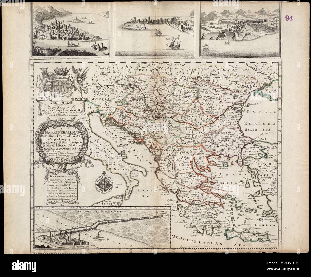 Una nuova mappa generale della sede di guerra da Vpper Ungheria all'Isola di Candia : con le prospettive esatte di Napoli di Romania, Modon, &c. Navarin, nella Morèa, e il Ponte di Essecke. Copre la penisola balcanica dall'Austria a Creta. Rilievo mostrato in figura. Non mostra posizioni o installazioni militari di truppe. "IO. Oliver sculp.' Include la dichiarazione di dedica 'al nobile di destra Charles Marquess di Worcester', stemma, 'spiegazione' testuale della scala, vista inset del Ponte di Essecke', e 3 viste accessorie della città nel margine superiore. Catalogazione, conservazione e digitalizzazione m Foto Stock