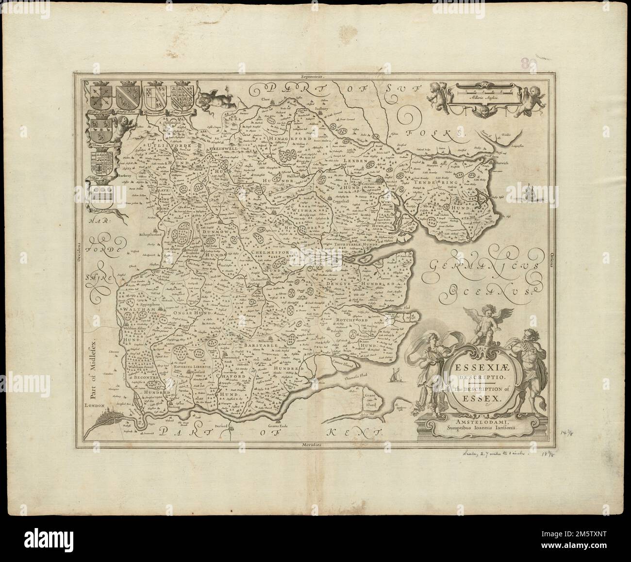 Essexiae descriptio = la descrizione di Essex. Mappa della contea di Essex nella parte orientale dell'Inghilterra. Rilievo mostrato in figura. Comprende sette stemmi e cartouche decorativi in piastrelle. Verso è vuoto. Catalogazione, conservazione e digitalizzazione rese possibile in parte dal National Endowment for the Humanities: Exploring the Human Endeavor. Parte del portafoglio composito atlas con il titolo "raccolta di vecchie mappe".. Raccolta di vecchie mappe. Raccolta di vecchie mappe, Inghilterra, Essex, contea Foto Stock