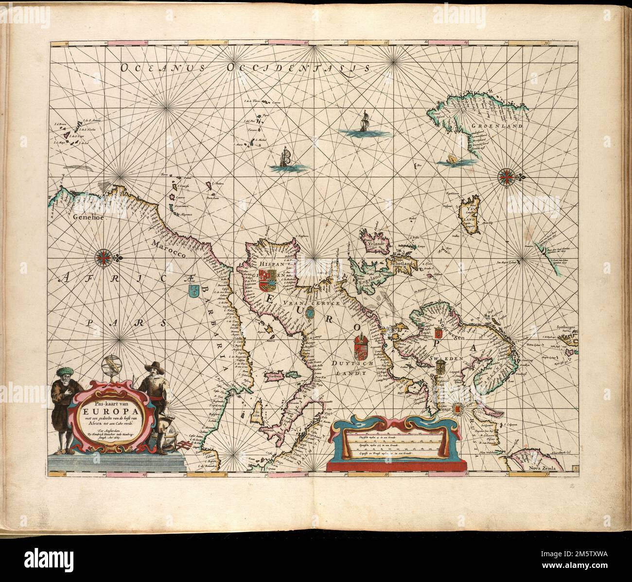 Pas-kaart van Europa met een gedeelte van de kust van Africa tot aen Cabo Verde. Mappa dell'Europa con le coste dell'Africa e di Capo Verde. Orientato verso nord a destra. Comprende stemmi, illazioni e un'elaborata cartouche. Dallo Zee-atlas dell'autore di Water-waerelt. Amsterdam: Di Hendrik Doncker, boeckverkooper, en graat-boog-maker, in de Nieuwe-brug-steegh, in 't Stuurmans Gereetschap, anno 1660 [cioè 1665]. Catalogazione, conservazione e digitalizzazione rese possibile in parte dall'Endowment Nazionale per le Scienze umanistiche: Esplorare lo sforzo umano.... , Europa Europa Foto Stock