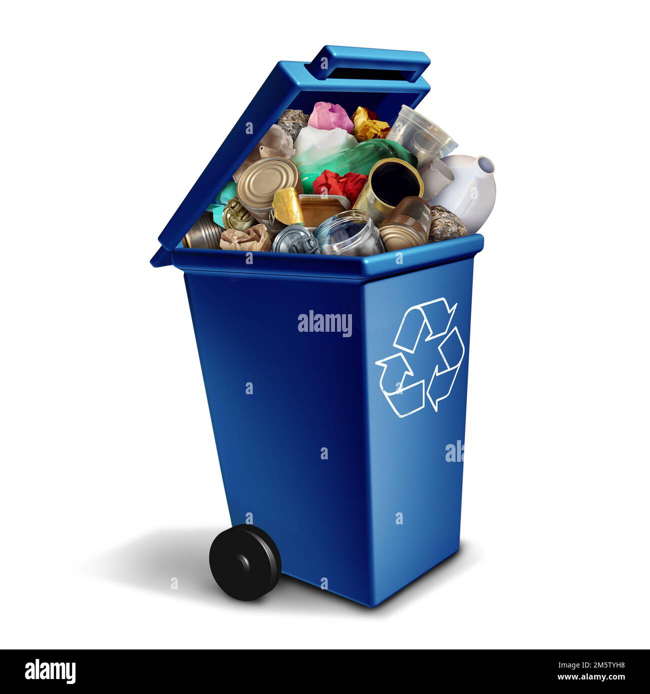 Contenitore di riciclaggio blu per riciclare rifiuti e rifiuti come gestione di articoli riutilizzabili come vecchio vetro di carta metallo e plastica gettati in un contenitore per rifiuti Foto Stock