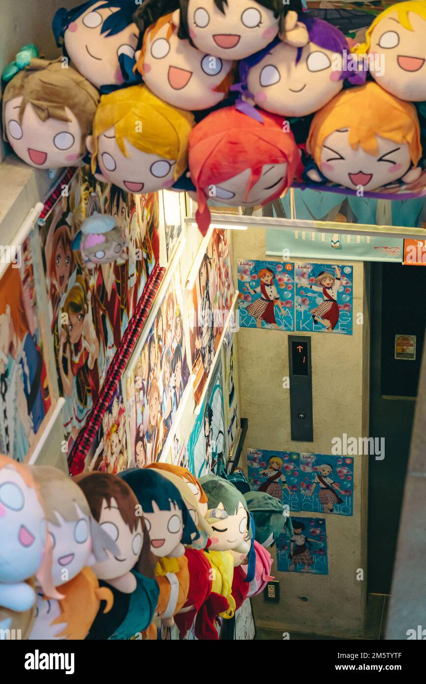 Un ingresso al negozio di anime pieno di giocattoli imbottiti Foto Stock