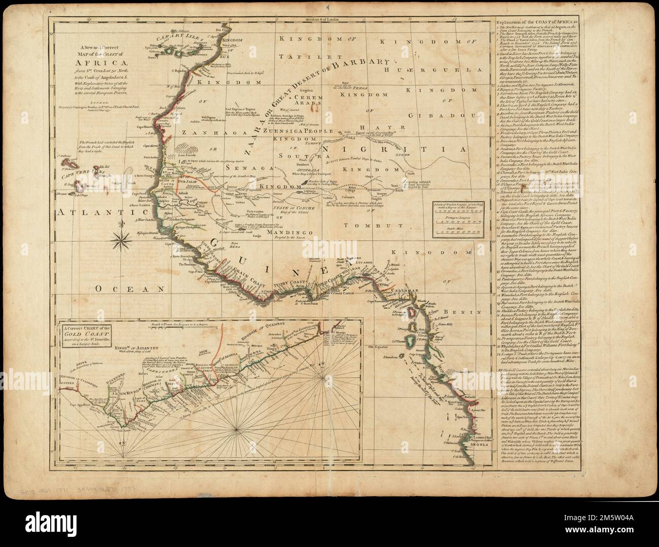 Una nuova e corretta mappa della costa africana, da sta. Cruz lat. 30 direzione nord. Alla costa dell'Angola lat 11. S. con note esplicative di tutti i forti e gli insediamenti appartenenti alle diverse potenze europee. Copia della Boston Public Library rimossa da un atlante generale di trentasei mappe nuove e corrette di Bowles. [Londra : Carington Bowles, 1771?]. Rilievo mostrato in figura. Inset: Una tabella corretta della Gold Coast secondo il Sr. Danville. Include il testo. Questa mappa può essere vista come una sovrapposizione georeferenziata in un'applicazione interattiva fatta appositamente per noi siamo uno: Mappare la strada dell'America da Rev Foto Stock