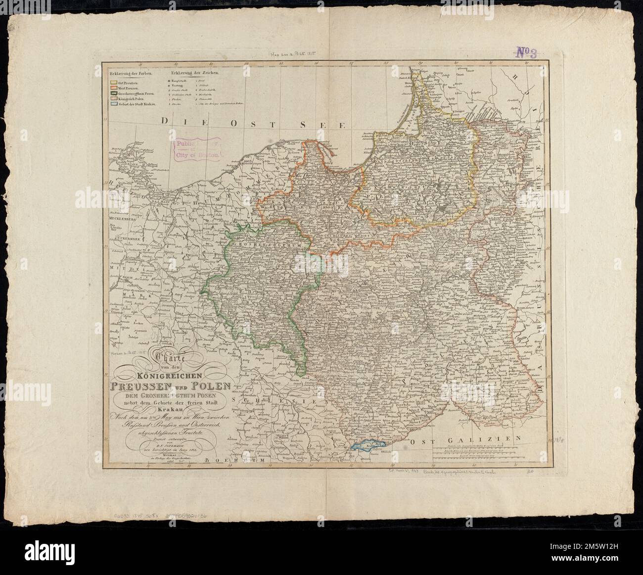 Charte von den Königreichen Preussen und Polen dem Grosherzogthum Posen nebst dem Gebiete der freien Stadt Krakau : nach dem am 3ten May 1815 zu Wien zwischen Russland Preussen und Oesterreich abgeschlossenen Tractate. La conservazione di questo pezzo è stata finanziata da Samantha Pellegrino in onore di Derek Buyan. Grafico dei regni di Prussia e Polonia, insieme alla città di Cracovia, dopo il Congresso di Vienna nel 1815.... , Germania Polonia Foto Stock