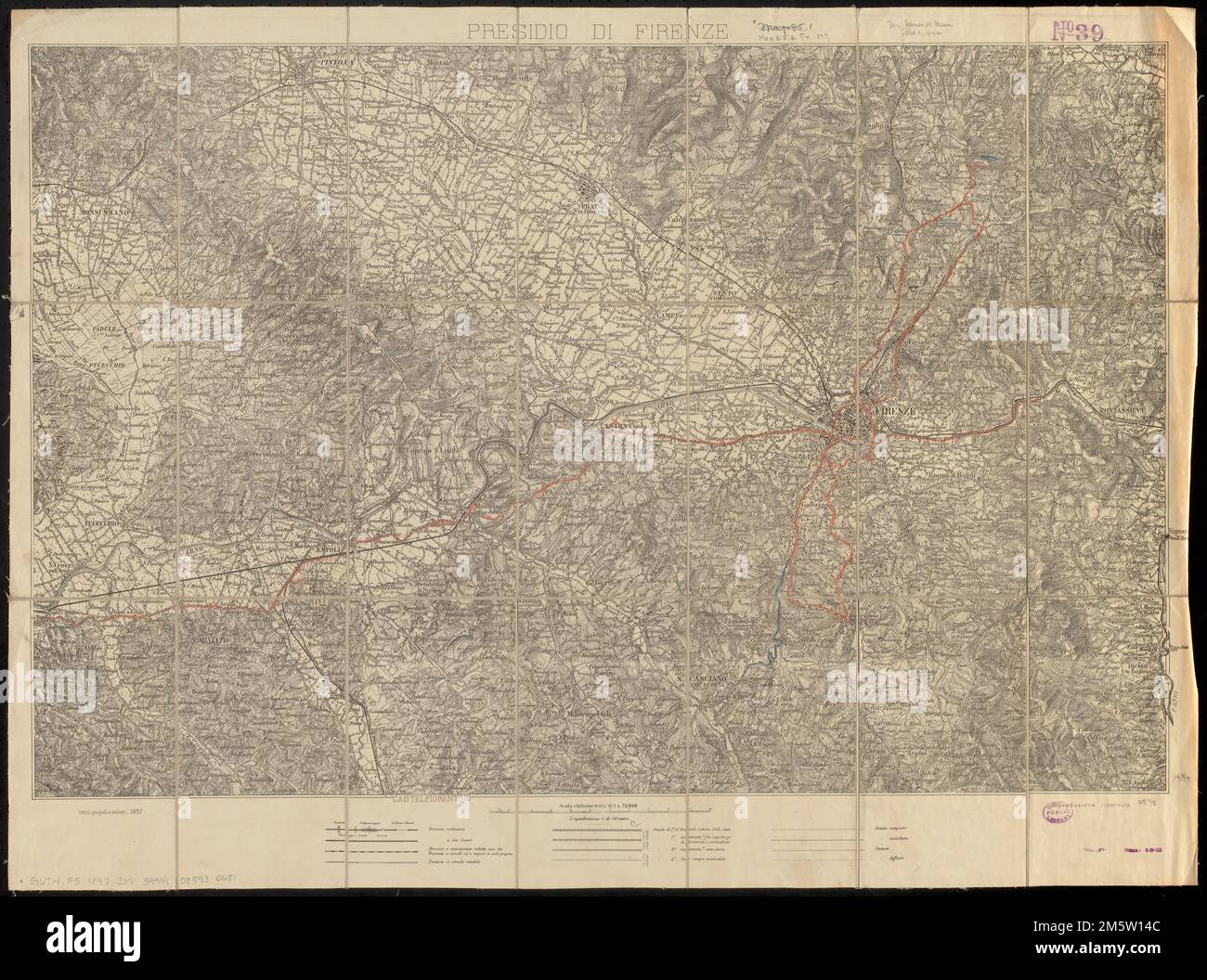 Presidio di Firenze. Rilievo mostrato da hachures e linee di forma.... , Italia , Toscana ,regione , Firenze ,provincia , Firenze Foto Stock