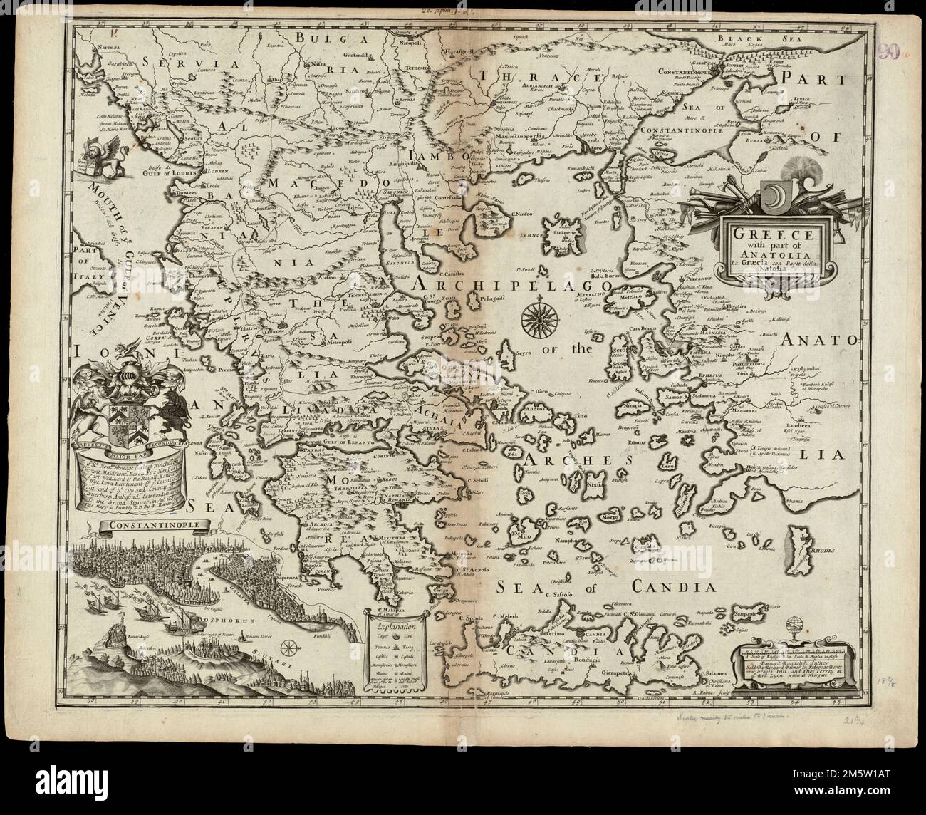 Grecia con parte di Anatolia = la Graecia con parte della Natolia. Rilievo mostrato in figura. Include dedizione. Inserto: Costantinopoli. Vista nell'angolo inferiore sinistro. R. Palmer sculp. Data derivata dalle informazioni contenute nel Dizionario dei Mapmakers di Tooley. Catalogazione, conservazione e digitalizzazione rese possibile in parte dal National Endowment for the Humanities: Exploring the Human Endeavor. Parte del portafoglio composito atlas con il titolo "raccolta di vecchie mappe".. Raccolta di vecchie mappe. Raccolta di vecchie mappe, Grecia Turchia Foto Stock