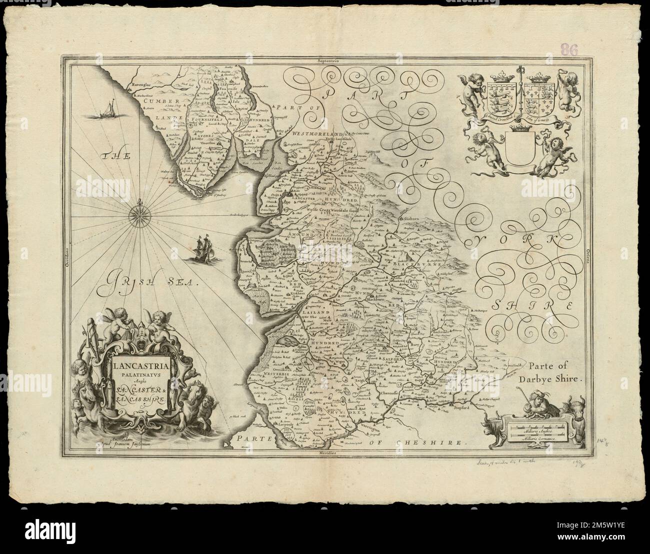 Lancastria palatinatus Anglis Lancaster & Lancas Shire. Mappa della contea del Lancashire nel nord-ovest dell'Inghilterra. Rilievo mostrato in figura. Comprende stemmi e cartouche decorativi in piastrelle. Verso è vuoto. Catalogazione, conservazione e digitalizzazione rese possibile in parte dal National Endowment for the Humanities: Exploring the Human Endeavor. Parte del portafoglio composito atlas con il titolo "raccolta di vecchie mappe".. Raccolta di vecchie mappe. Raccolta di vecchie mappe, Inghilterra, Lancashire, contea Foto Stock