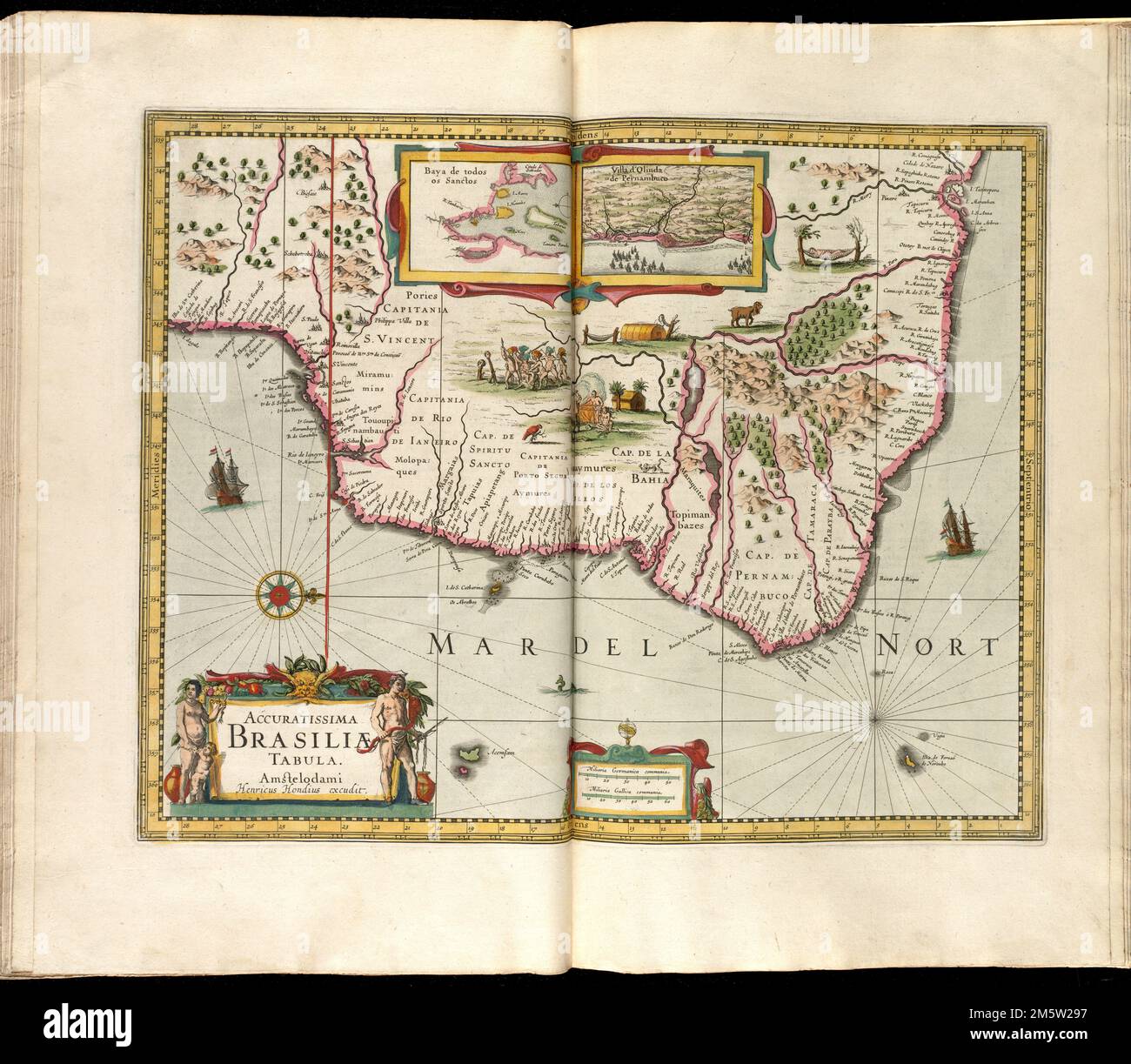 Accuratissima Brasiliae tabula. Orientato verso nord a destra. Rilievo mostrato in figura. In latino su verso, con il titolo 'Brasilia' e la firma 'Bbbbb.' 2 inset: "Baya de todos os Sanctos"; "Villa d'Olinda de Pernambuco". Catalogazione, conservazione e digitalizzazione rese possibile in parte dall'Endowment Nazionale per le Scienze umanistiche: Esplorare lo sforzo umano.... , Brasile Foto Stock
