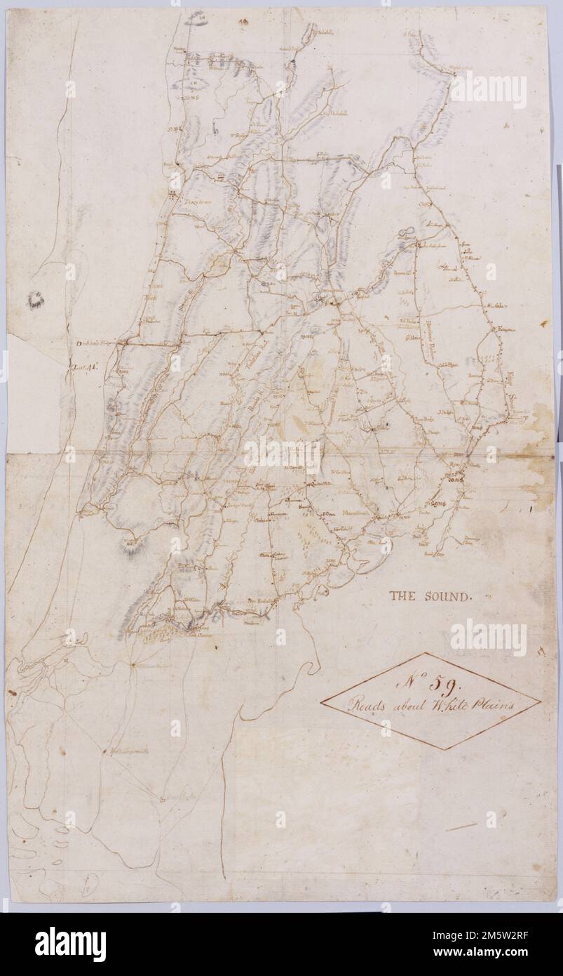 Strade sulle pianure bianche : no 59. Mappa topografica militare. Copre la maggior parte della contea di Westchester, New York e della contea occidentale di Fairfield, Connecticut; copre anche la parte settentrionale di New York City. Mostra le strade, gli edifici e i nomi dei proprietari, anche i terreni e i ruscelli. Mostra rilievo da hachures. Titolo proprio dal recto è il lavoro di un editore più tardi--Simeon DeWitt o il suo assegnamento--successivo a 1820. Titolo dell'indice, dichiarazione di responsabilità, data, titolo della collana e numerazione delle collane da parte di Erskine, ma su un foglio di indice separato depositato all'inizio della collana. Una variante del titolo dato da Guthorn appare sulla mappa n° 120 del Foto Stock
