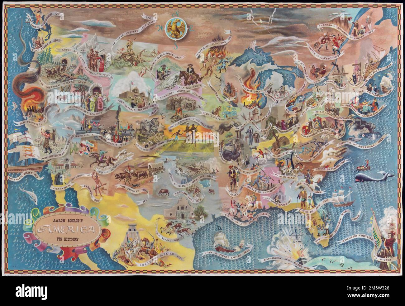 L'America di Aaron Bohrod, la sua storia. Mostra scene della storia americana con nomi di eventi storici sovrapposti su una mappa degli Stati Uniti. Illustrato... L'America, la sua storia. America, la sua storia, Stati Uniti Foto Stock