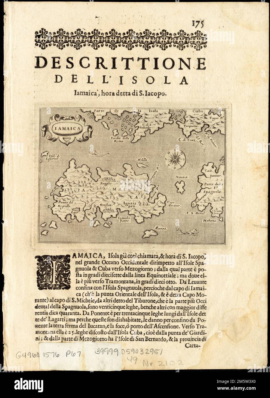 Iamaica. Impaginato 175. Rilievo mostrato in figura. Dall'autore l'isole piu famose del mondo, descritte da Thomaso Porcacchi ... Veneto: Apresso S. Galignani & G. Porro, 1576.... , Grandi Antille, area Giamaica Foto Stock