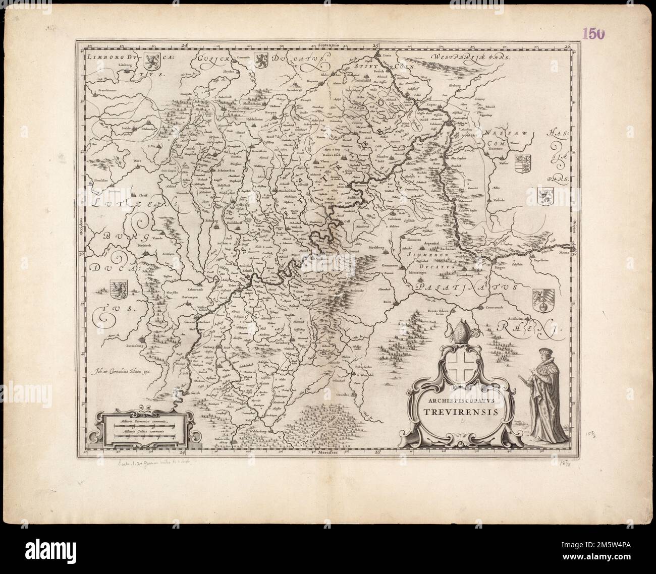 Archiepiscopatus Trevirensis. Mappa della Provincia del Reno nella Germania occidentale, centrata su Treviri. Rilievo mostrato in figura. Verso è vuoto. Catalogazione, conservazione e digitalizzazione rese possibile in parte dal National Endowment for the Humanities: Exploring the Human Endeavor. Parte del portafoglio composito atlas con il titolo "raccolta di vecchie mappe".. Raccolta di vecchie mappe. Collezione di vecchie mappe, Germania , Renania Palatinato Foto Stock