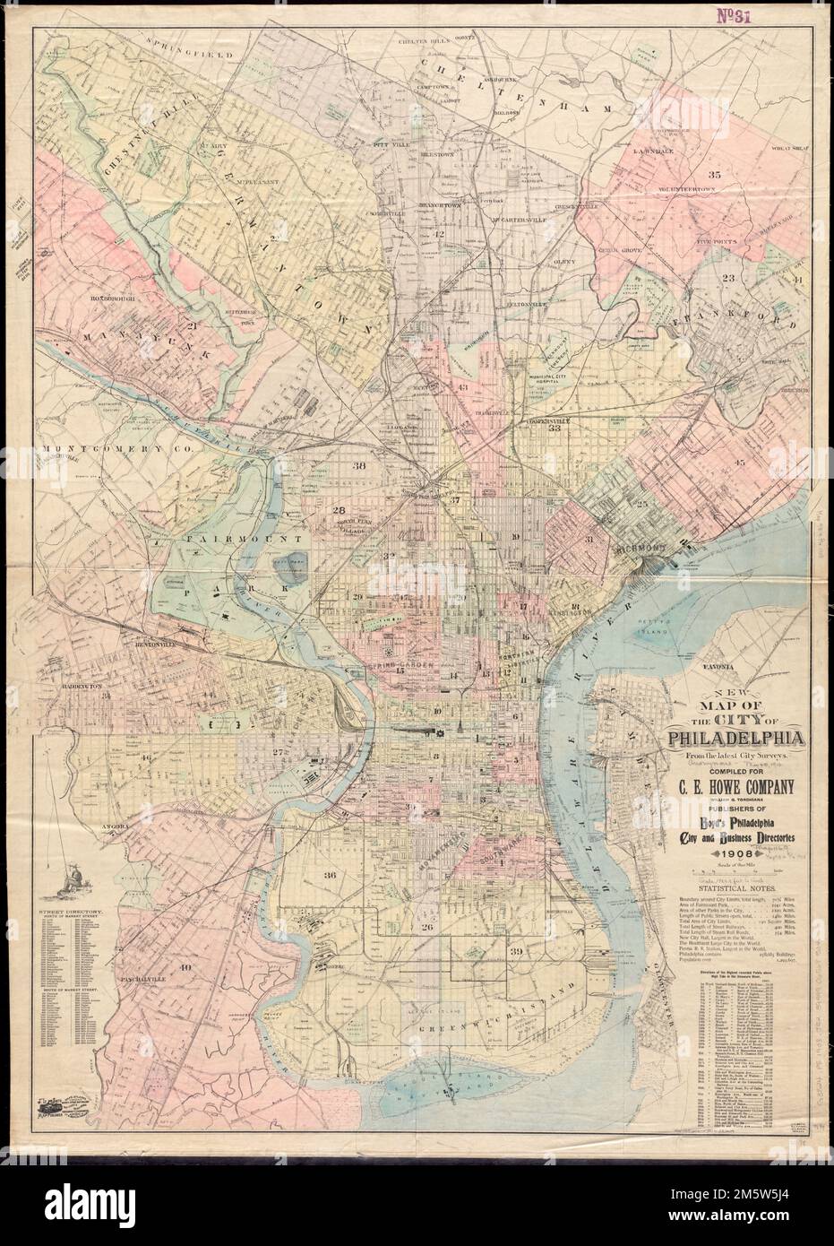 Nuova mappa della città di Filadelfia dalle ultime indagini sulla città. Orientato con nord verso l'alto a sinistra. La distanza dal municipio è indicata da cerchi concentrici. Mostra anche le linee di rioni e pierhead e delle paratie sul fiume Delaware. "Compilato per C.E. Howe Company ..." Include l'elenco delle strade, le note statistiche e le elevazioni più alte registrate dei punti nel fiume Delaware.... , Pennsylvania , Philadelphia , County , Philadelphia Foto Stock