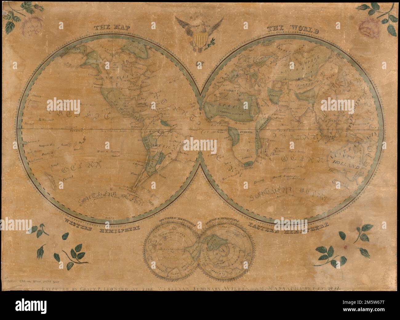 La mappa del mondo. Rilievo mostrato dall'ombreggiatura. Primo meridiano: [Ferro]. Include illustrazioni dello stemma degli Stati Uniti sopra la mappa e fiori negli angoli. Mappa del manoscritto in inchiostro, acquerello e matita. Disegnato da un allieva che frequenta il Wesleyan Seminary a Wilbraham, Massachusetts. Mappa emisfero doppio degli emisferi orientale e occidentale, con una mappa emisfero doppio più piccola degli emisferi meridionali e settentrionali... , Mondo Foto Stock
