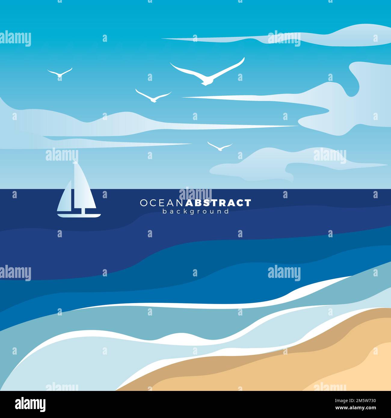 Bella scena di spiaggia con affascinanti nuvole, uccelli e barche vettore illustrazione Illustrazione Vettoriale