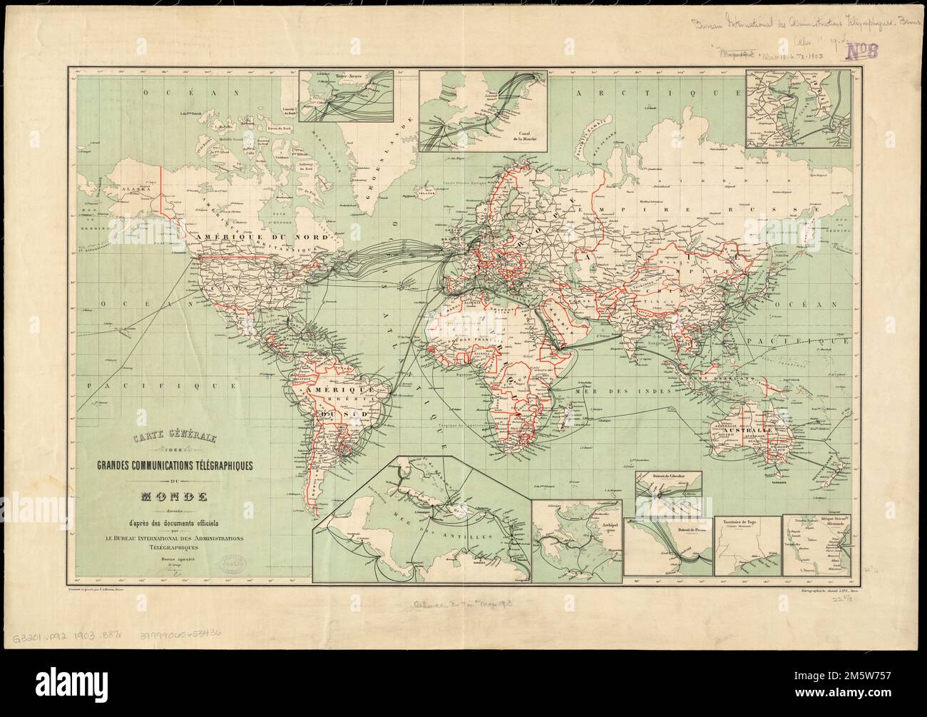 Carte générale des grandes communications télégraphiques du monde. Insets: Terre-Neuve -- Canal de la Manche -- Mer Jaune -- Mer des Antilles -- Archipel-sylvres -- Détroit de Gibraltar -- Détroit de prim -- territorio del Togo -- Afrique orientle. Allemande. '2e. tira." Testo in francese.... , Mondo Foto Stock