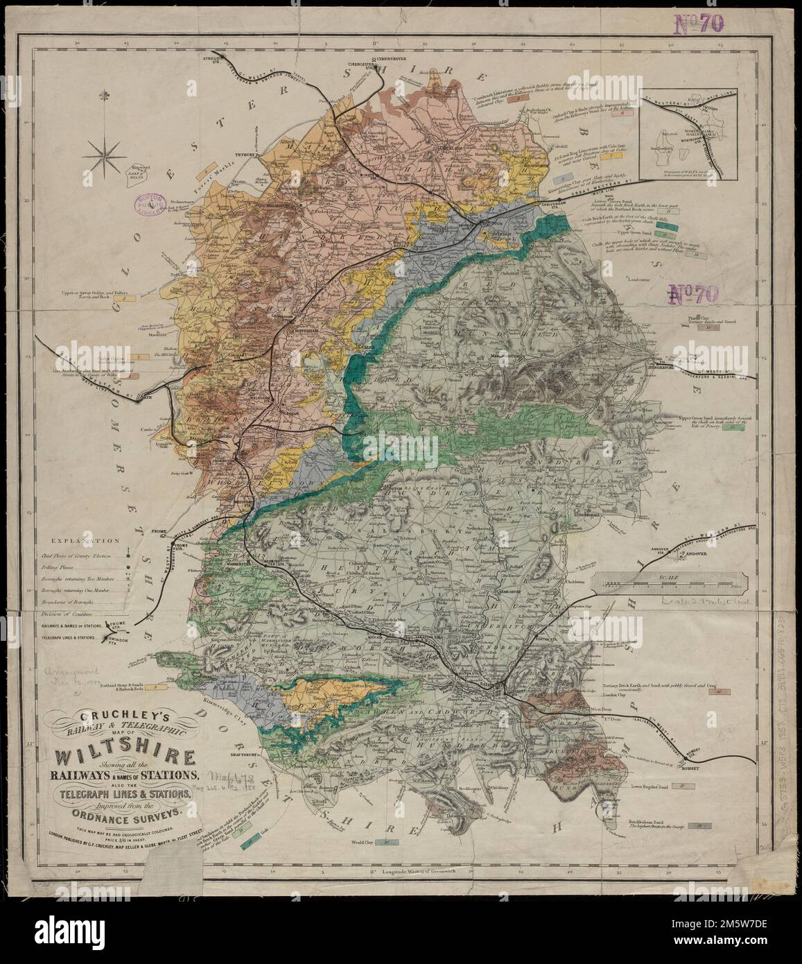 Cruchley's Railway & Telegraphic map of Wiltshire : mostra tutte le ferrovie e i nomi delle stazioni, anche le linee e le stazioni telegrafo, migliorato dalle indagini di Ordnance. Rilievo mostrato da hachures. Inset: Queste parti di Wilts. Si trovano nella parte orientale del Berkshire. Include anche colorazioni e note che indicano la geologia... La ferrovia di Cruchley e la mappa telegrafica del Wiltshire. La ferrovia di Cruchley e la mappa telegrafica di Wiltshire, Inghilterra, Wiltshire, contea Foto Stock