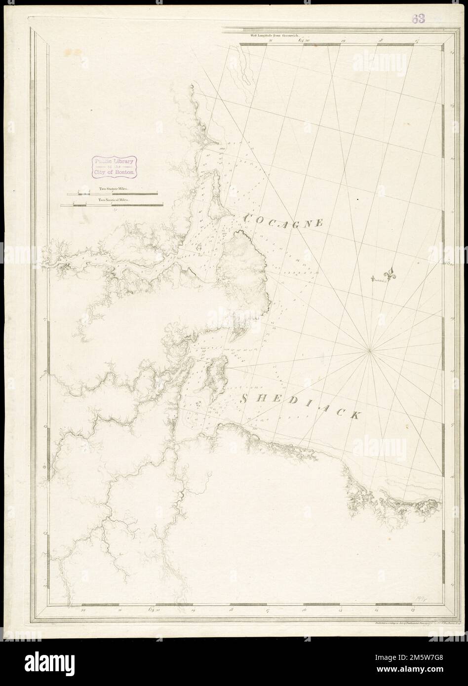[Port Shediack e Cocagne]. stato 1st. Orientato verso nord verso la destra. Profondità indicate dalle sonature. Mappa della costa di New Brunswick dal porto di Buctouche a Bouleaux Point. Appare nell'autore di Atlantic Nettuno. Londra : J.F.W. Des Barres, 1777-[1781].... , Canada , Provincia di New Brunswick Foto Stock