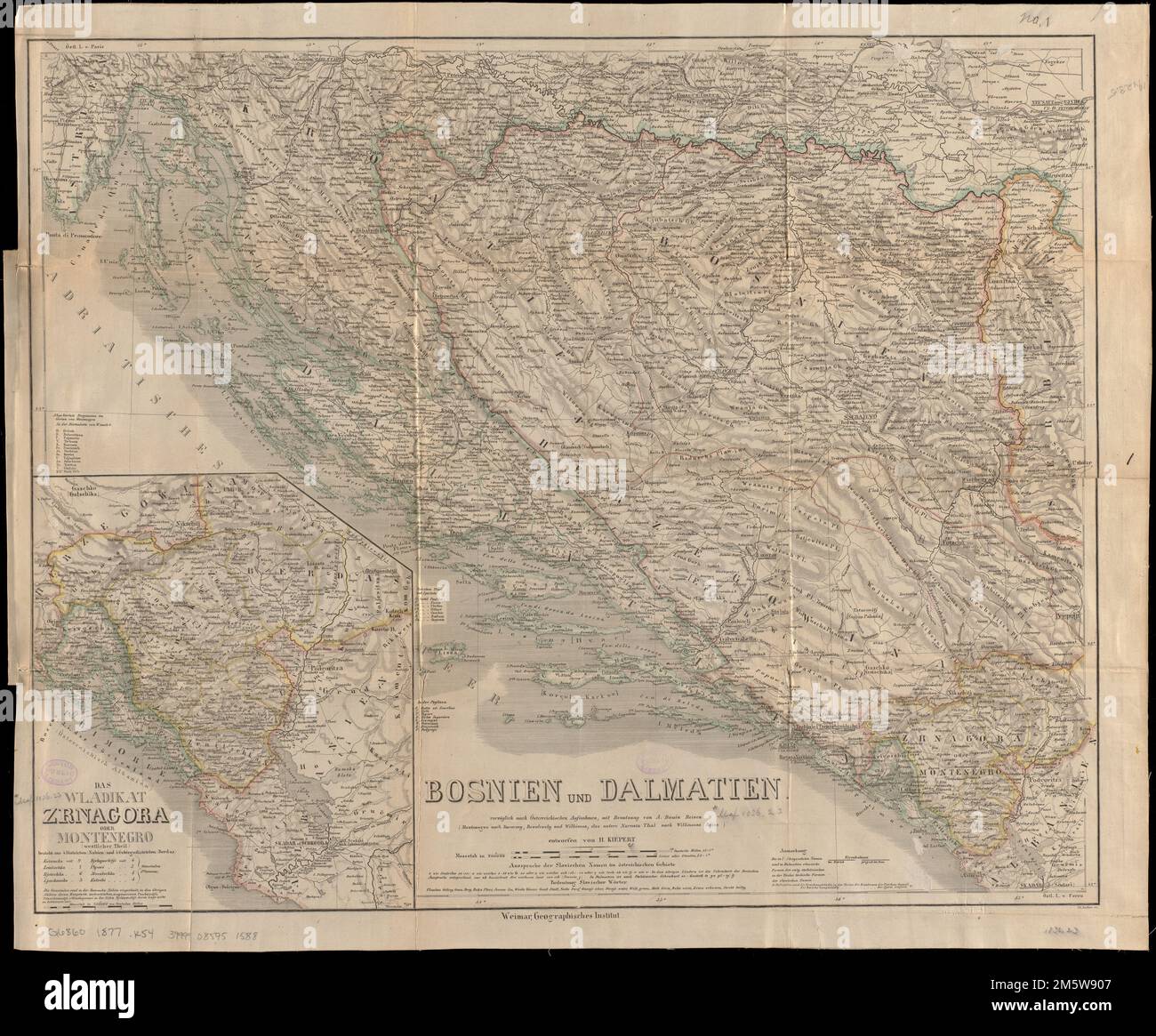 vorzüglich nach österreichischen aufnahmen, mit benutzung von a Boués reisen (Montenegro nach Iiaraczay, Kowalewsky und Wilkinson, das untere Narenta Thal nach Wilkinsons reise). Data di pubblicazione ripresa dalla copertina della carta di accompagnamento di Walachei, 10 auflage, 1877. Rilievo mostrato dall'ombreggiatura e dalle altezze dei punti. Primi meridiani: Parigi e ferro. Inset: Das Wladikat Zrnagora oder Montenegro. Include note sulla pronuncia slava e traduzioni. Associato con la mappa di Die Walachei, la mappa di Serbien, e la copertina di Die Walachei, 10 auflage, 1877.... , Bosnia-Erzegovina Croazia Foto Stock