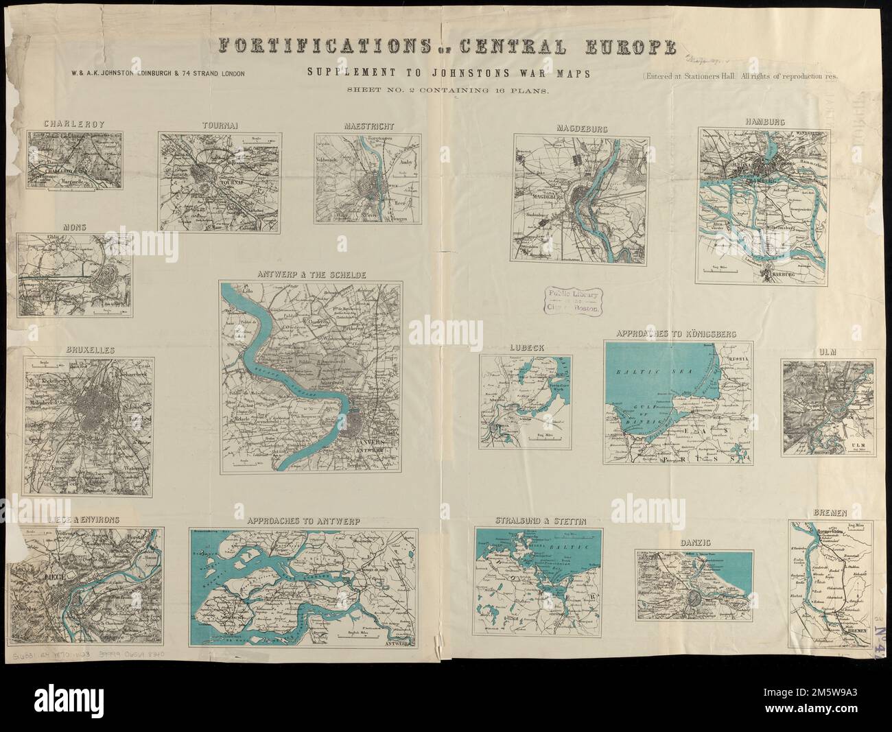 Fortificazioni dell'Europa centrale : foglio n. 2 contenente 16 piani. Rilievo mostrato da hachures. 'Supplemento alle mappe di guerra di Johnstons.'... , Belgio , Fiandre ,regione , Anversa ,provincia , Anversa Germania , Brema , Brema Belgio , Bruxelles-Capital Region ,region , Bruxelles Belgio , Vallonia ,region , Hainaut ,provincia , Charleroi Polonia , Danzig Germania , Amburgo , Amburgo Russia , Kaliningrad Belgio , Vallonia ,regione , Liegi ,provincia , Liegi Germania , Schleswig-Holstein , Lubecca Paesi Bassi , Limburgo , provincia , Maastricht Germania , Sassonia-Anhalt , ma Foto Stock
