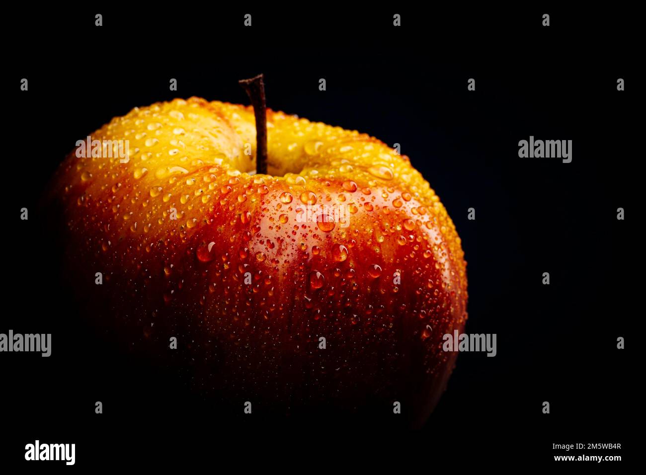 Mela (Malus), goccia d'acqua, fondo scuro Foto Stock