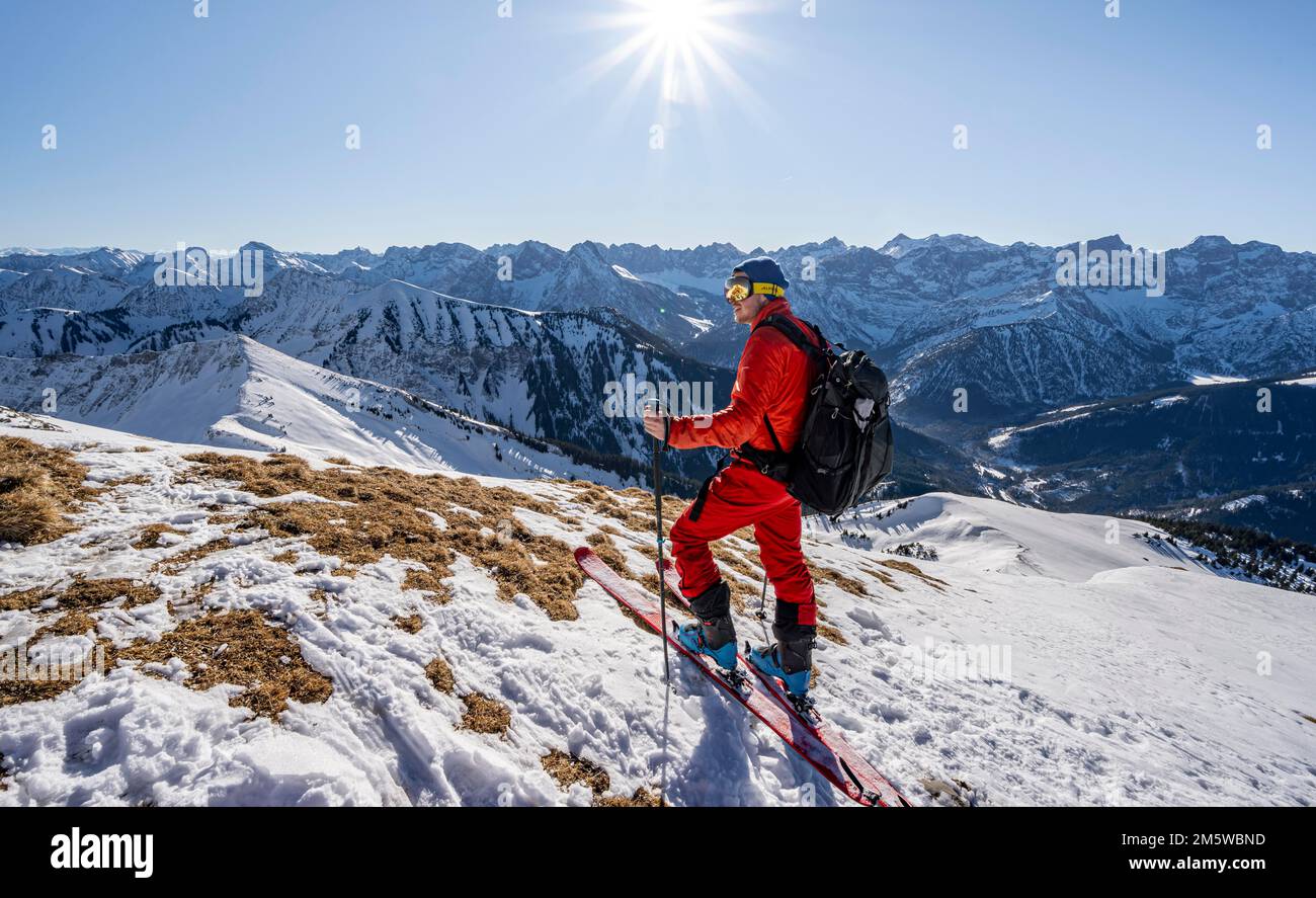 Ski tourers in cima a Schafreuter, vista sul panorama innevato delle montagne, Karwendel, Tirolo, Austria Foto Stock