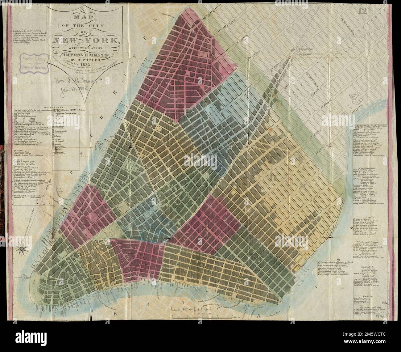 Mappa della città di New York, con gli ultimi miglioramenti. Orientato con nord in alto a destra. Include l'elenco dei punti di interesse. "Iscritto secondo atto del Congresso il 1st luglio 1830." "Corretto a 1833.". New York City. New York City, New York , New York , Manhattan Foto Stock