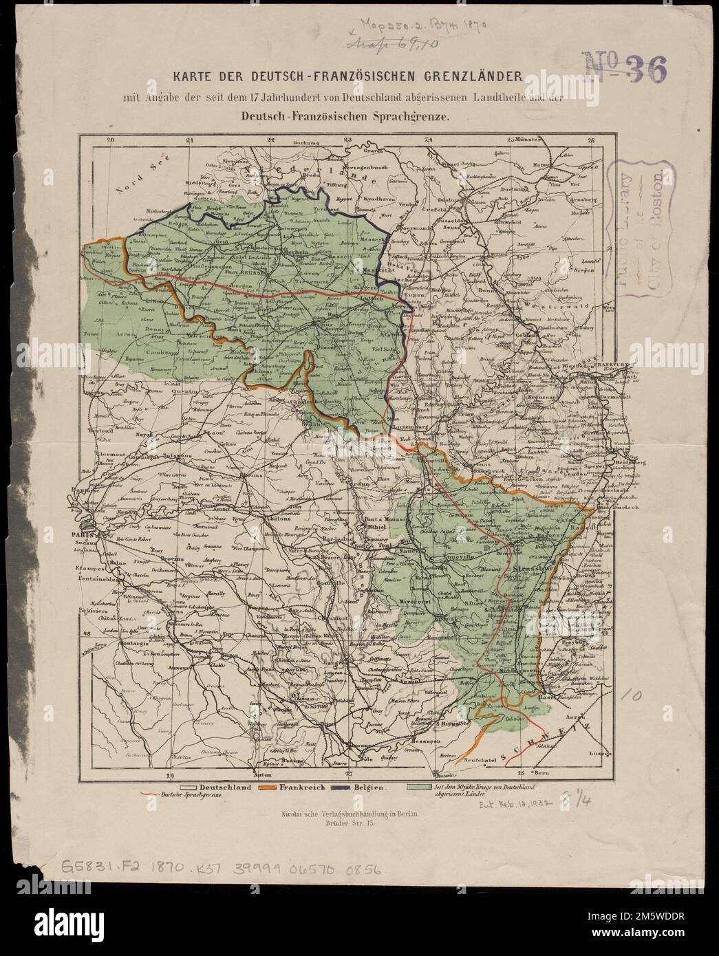Karte der Deutsch-Französischen Grenzländer : mit angabe der seit dem 17 jahrhundert von Deutschland abgerissenen landtheile und der Deutsch-Französischen sprachgrenze. Rilievo mostrato da hachures. Primo meridiano: [Ferro].... , Francia Germania Foto Stock