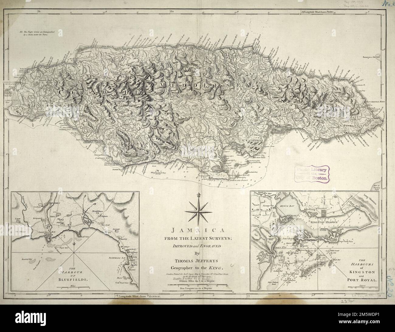 Giamaica, dalle ultime indagini. Rilievo mostrato da hachures. Le sonorità mostrate in fathoms. Colorato a mano. Primo meridiano: Ferro e Londra. Insets: The Harbour of Bluefields [ca. 1:95.000] -- i porti di Kingston e Port Royal [ca. 1:95.000] esposti in “Faces and Places”, presso la Boston Public Library di Boston, ma, dal 2003 ottobre al 2004 settembre. MB (BRL). Scoperta da Cristoforo Colombo nel 1494, la Giamaica fu una colonia spagnola fino al 1655 quando fu presa in consegna dagli inglesi. La terza isola più grande delle Indie occidentali, divenne il centro dell'attività britannica nei Caraibi. La sua economia era Foto Stock