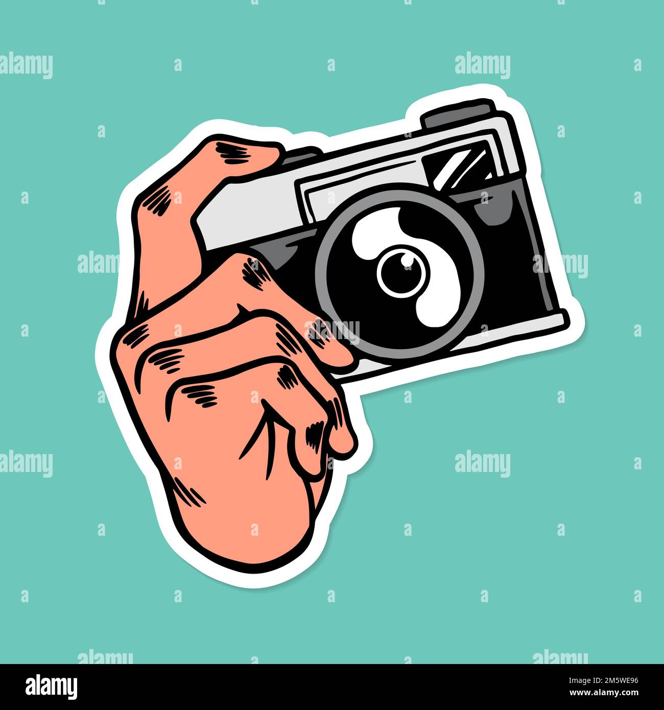 Adesivo per telecamera analogica sovrapposto su un vettore di risorse di progettazione di sfondo verde teal Illustrazione Vettoriale