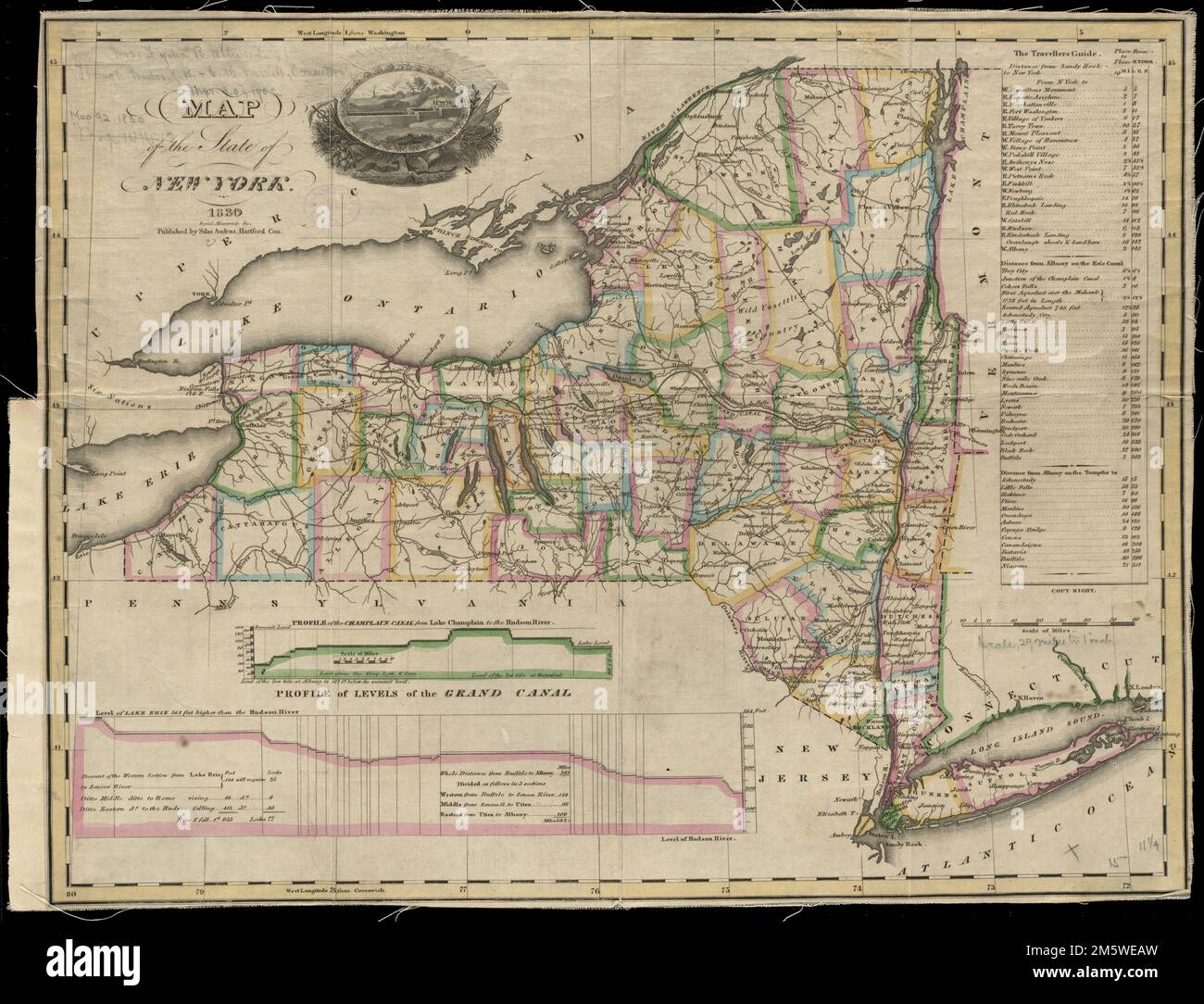 Mappa dello stato di New York. Primi meridiani: Washington e Greenwich. Include le mappe delle miglia 'guida dei viaggiatori', e i profili di elevazione dei canali Erie e Champlain e l'illustrazione.... , New York , Champlain Canal New York , Erie Canal Foto Stock
