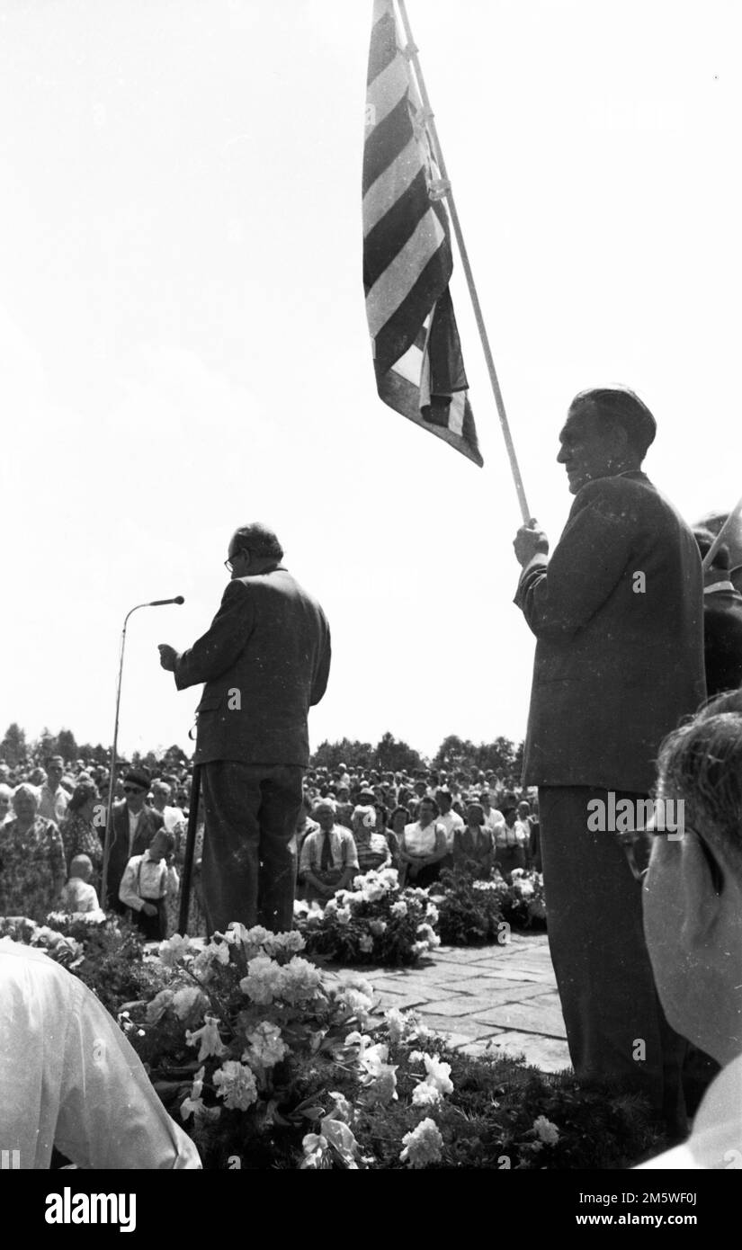 Con un rally commemorativo, qui nel 1958 a Bergen-Belsen, i sostenitori del Vereinigung Verfolgter des NS-Regimes (VVN) onorato vittime dei nazisti Foto Stock