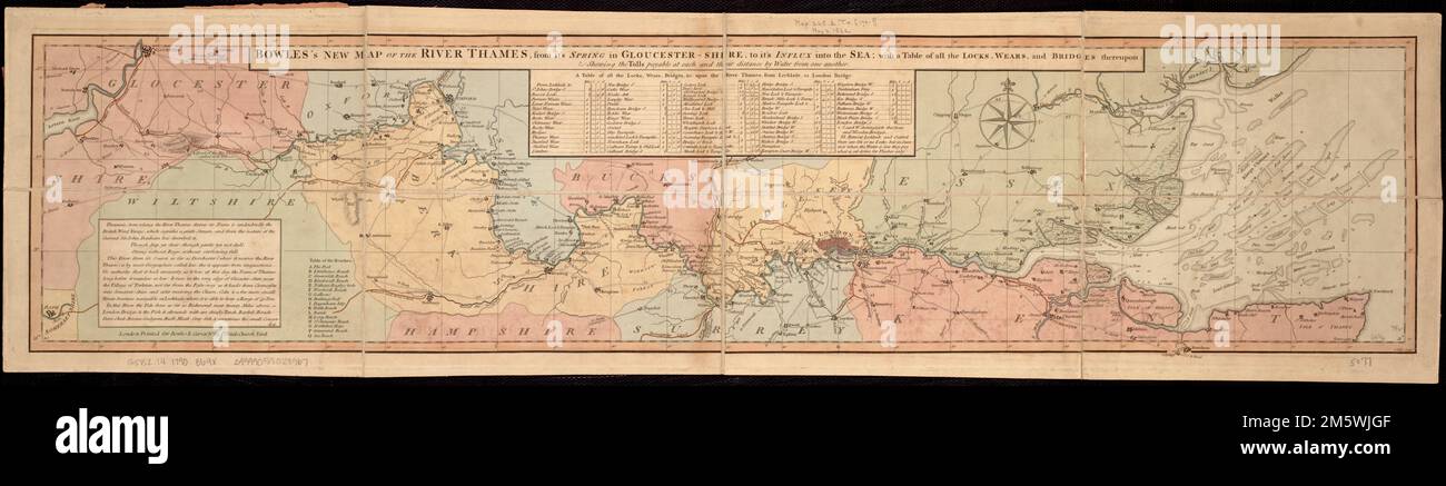 La nuova mappa del Tamigi di Bowles, dalla sua primavera a Gloucester-shire, al suo afflusso in mare : con una tavola di tutte le chiuse, le sue stalle e i suoi ponti ; con la visualizzazione dei pedaggi pagabili a ciascuna e alla loro distanza dall'acqua l'una dall'altra. Meridiano di Londra. "J. Ellis Sculp." Tabella di serrature, usura, ponti &c.. Sbarre di sabbia, scarpe e scandagli mostrati in estuario. Fiume Tamigi dalla testa vicino a Torleton, Gloucestershire attraverso Lechlade, Oxford, Abingdon, Wallingford, Reading, Henley, Maidenhead, Windsor, Londra e al mare.... , Inghilterra , Tamigi , fiume Foto Stock